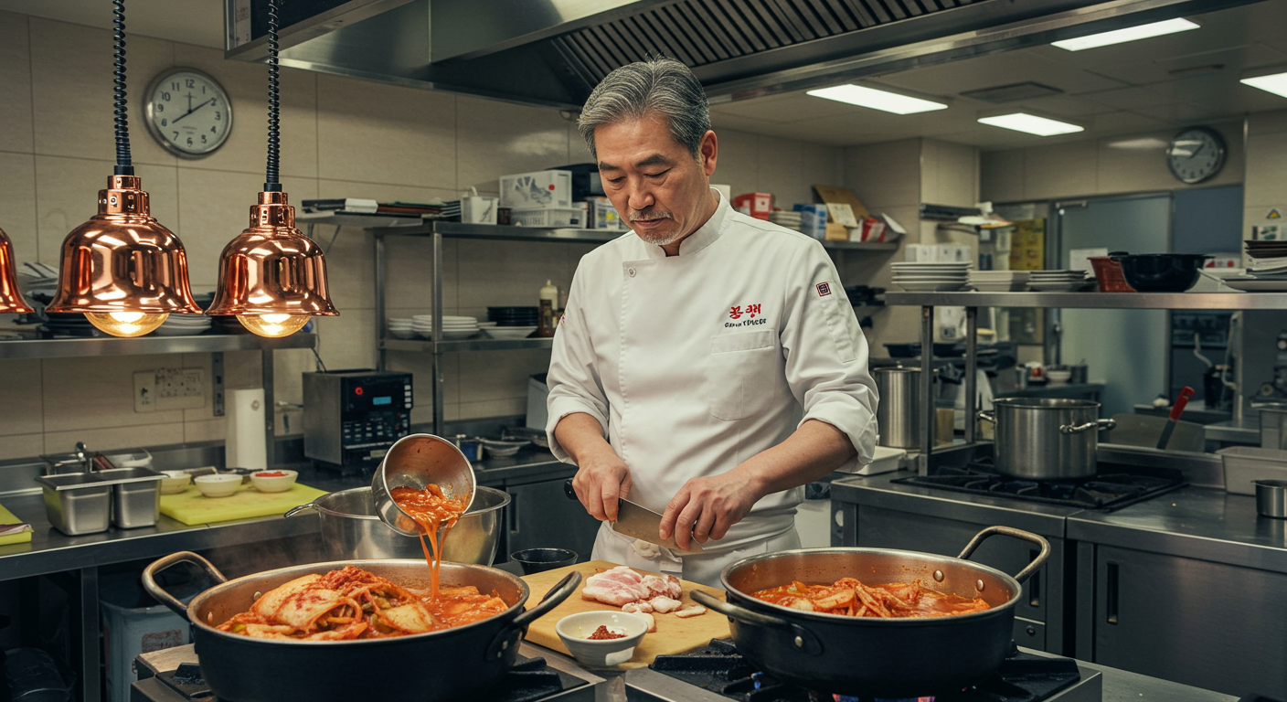 셰프가 주방에서 돼지비계와 황금 비율의 육수를 사용하여 김치찌개를 만드는 장면