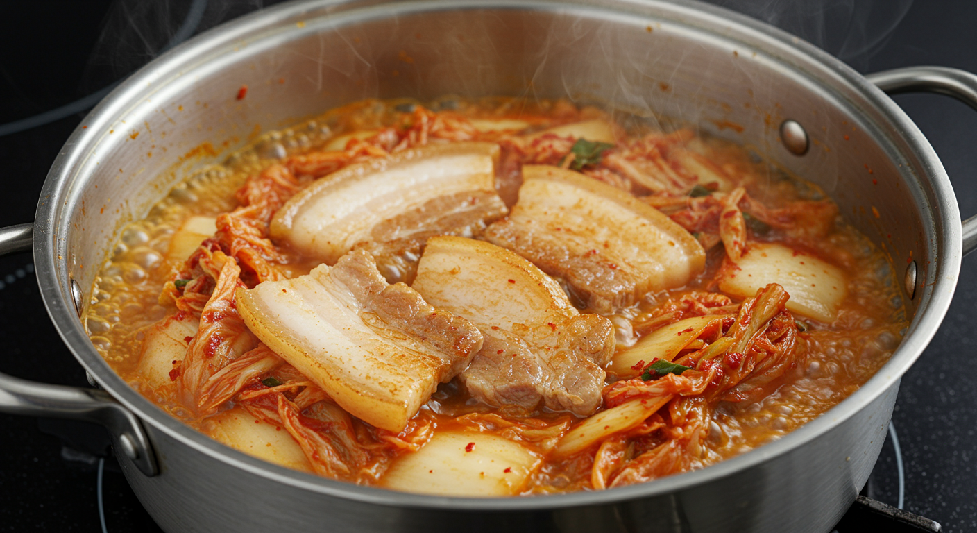 돼지비계와 김치를 넣고 끓이는 과정이 잘 보이는 생생한 요리 장면