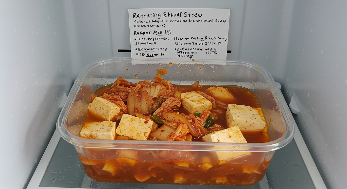 남은 김치찌개를 보관 용기에 담아 냉장 보관하는 모습