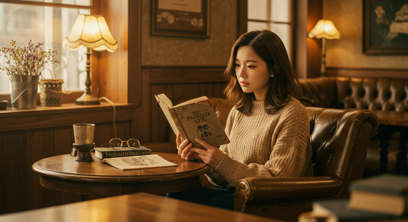 현대적인 카페에서 '페인티드 베일'이라는 책을 읽으며 깊은 생각에 잠긴 여성