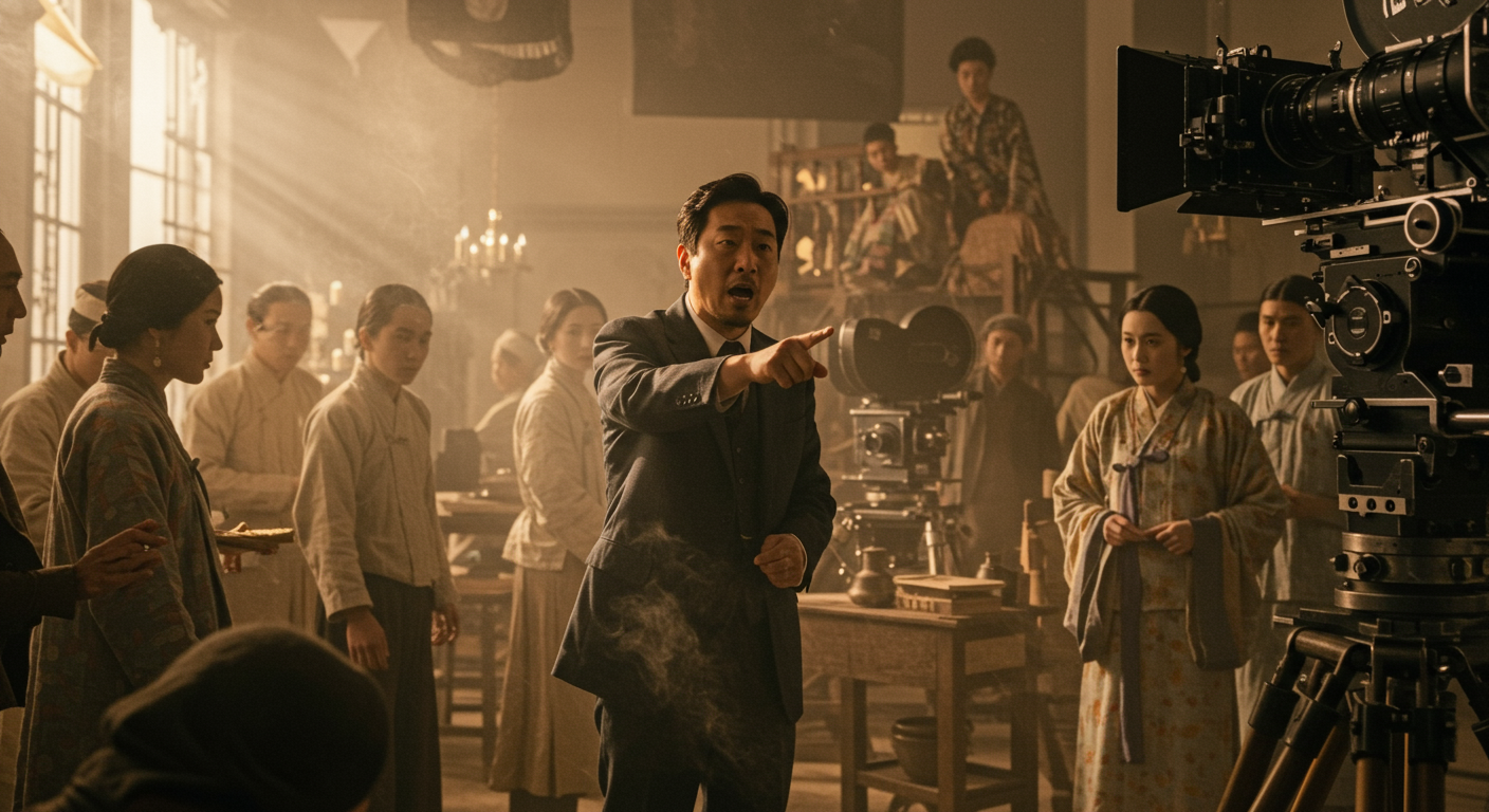 1920년대 중국 시대극 영화 세트장에서 열정적으로 배우들을 지휘하는 한국 감독