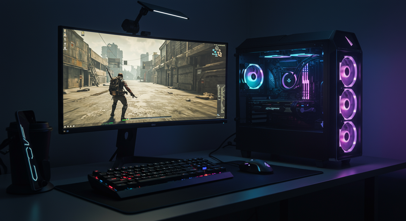 고사양 게이밍 컴퓨터와 RGB 조명이 있는 책상 위의 세팅
