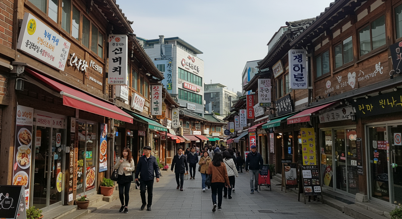 전통과 현대가 어우러진 보문단지의 활기찬 거리와 사람들로 붐비는 모습