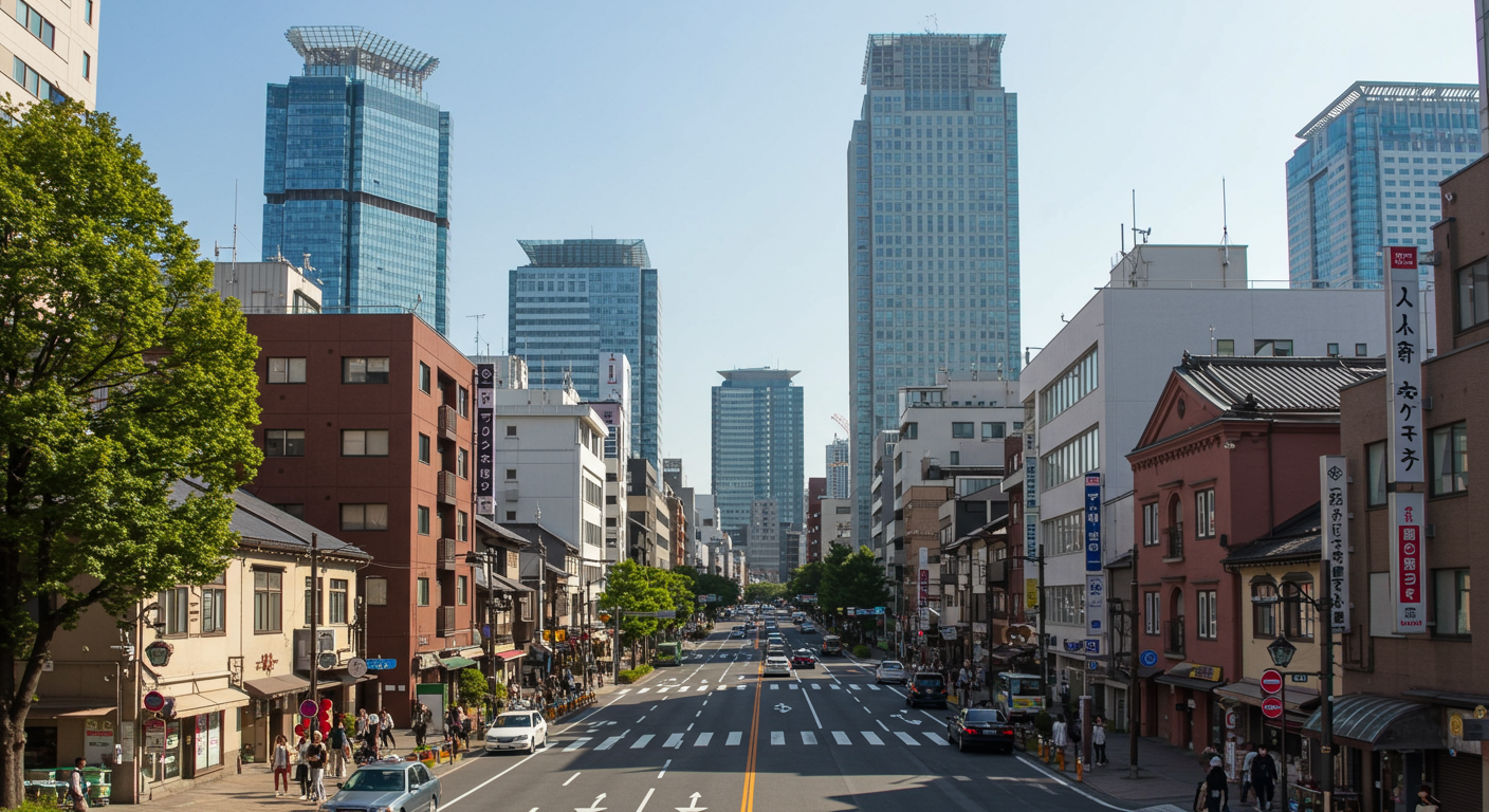 나고야 시내의 현대적인 건물들과 전통적인 건물들이 어우러진 풍경