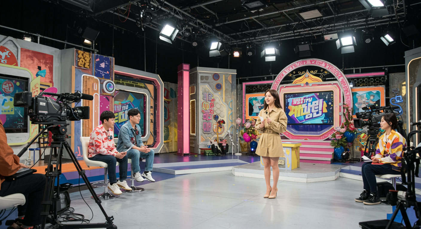 TV 쇼 세트장에서 밝은 조명 아래 활기찬 분위기를 연출하는 현대적 한국 여배우의 모습