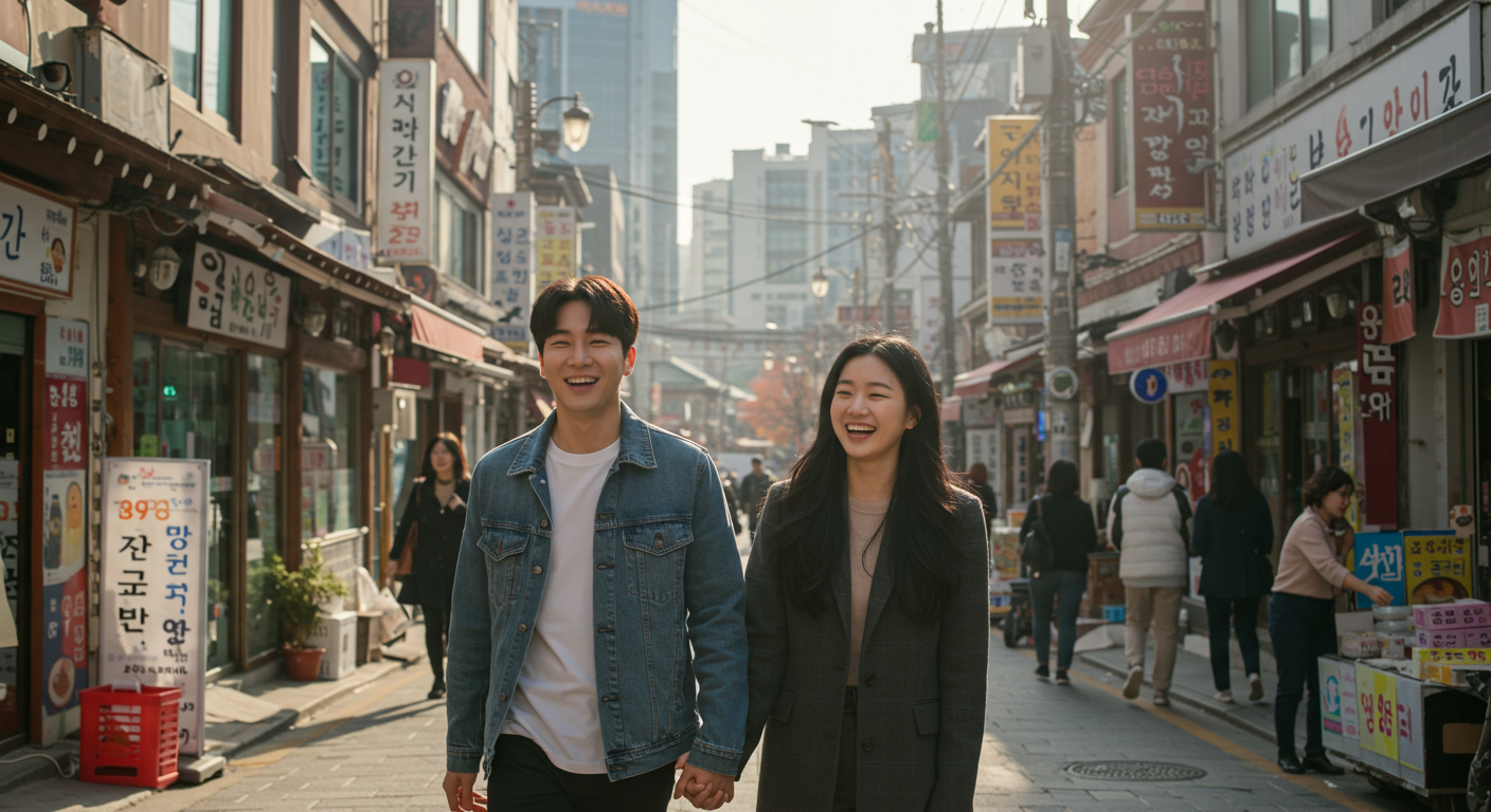 현대적인 서울 거리에서 손을 잡고 걷는 유명 연예인 커플