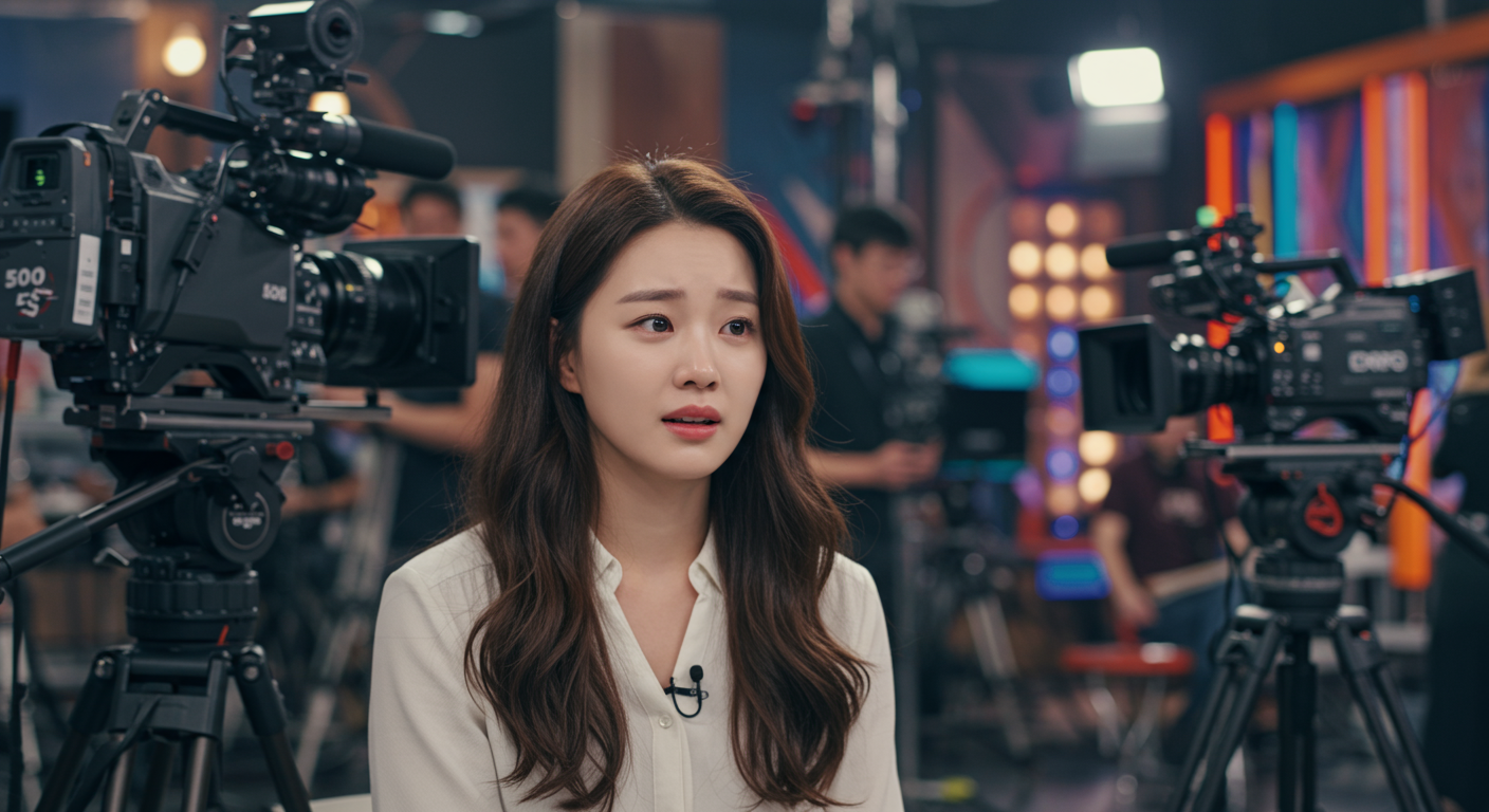 활기찬 방송 스튜디오에서 솔직하게 마음을 고백하는 한국 여배우