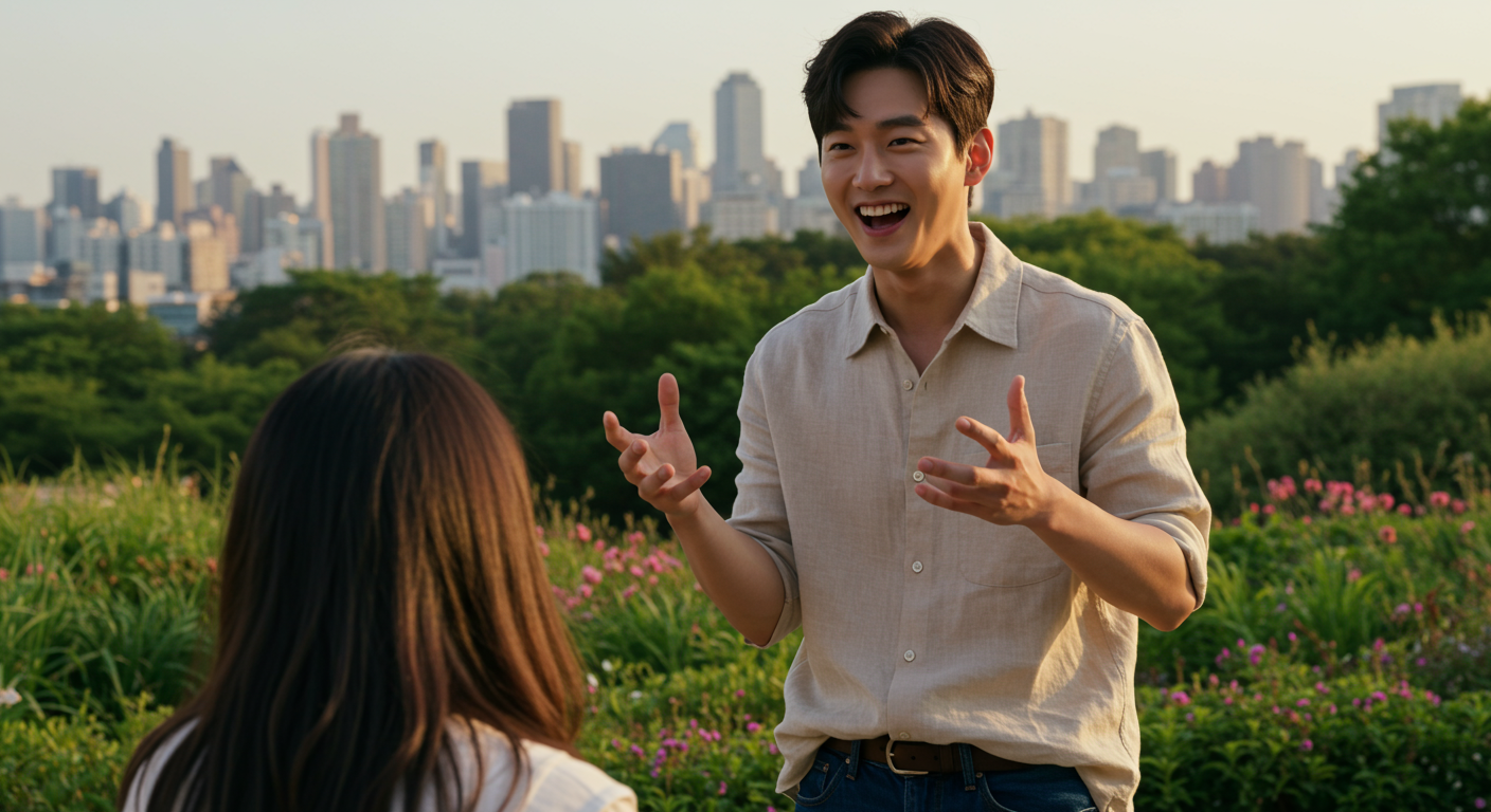 도시 전경이 보이는 공원에서 열정적으로 감정을 표현하는 한국 남자 배우