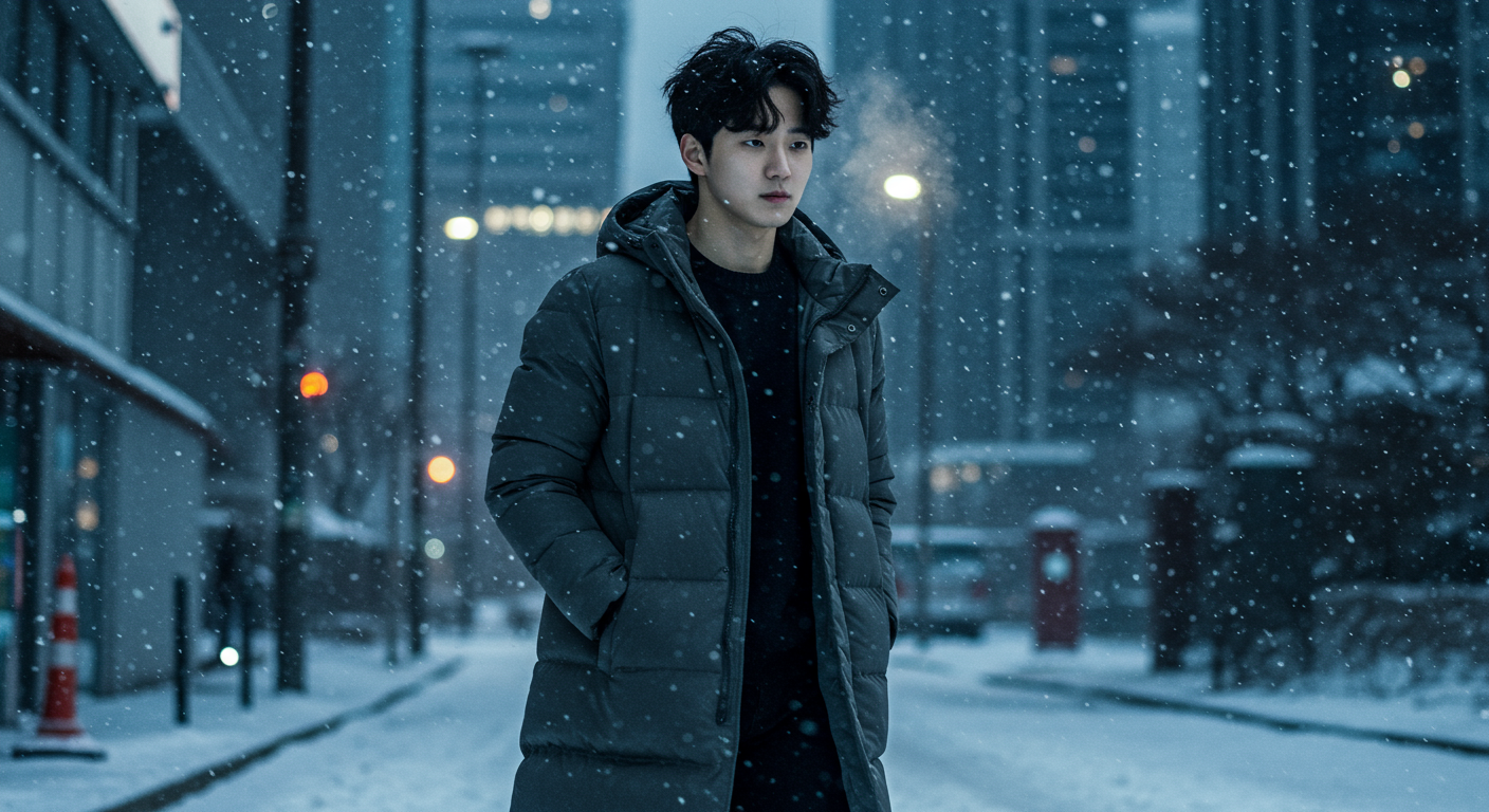 젊은 남성이 겨울철 서울 시내에서 롱다운을 입고 있는 모습