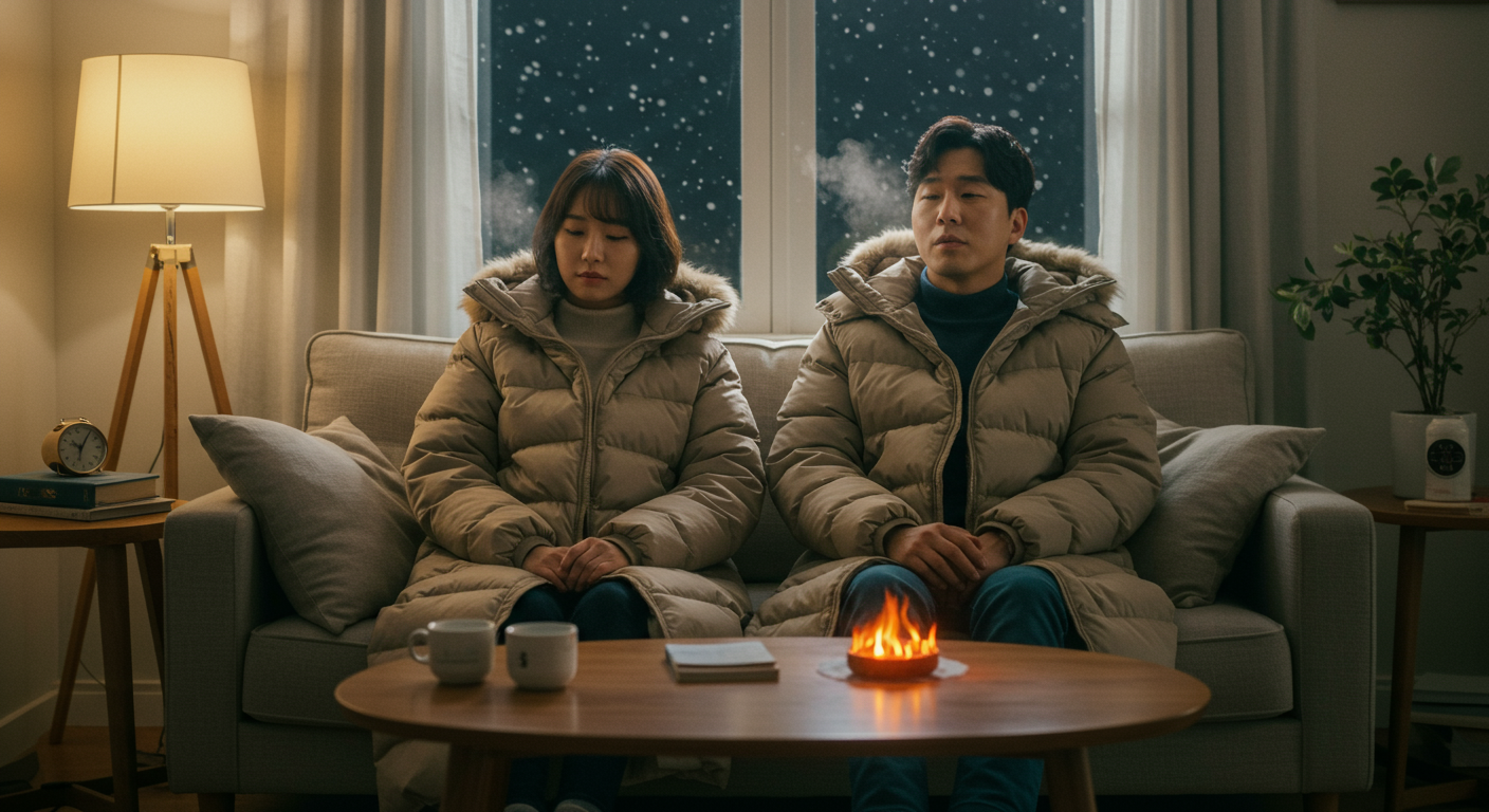 거실에서 롱다운을 입고 따뜻하게 시간을 보내는 커플
