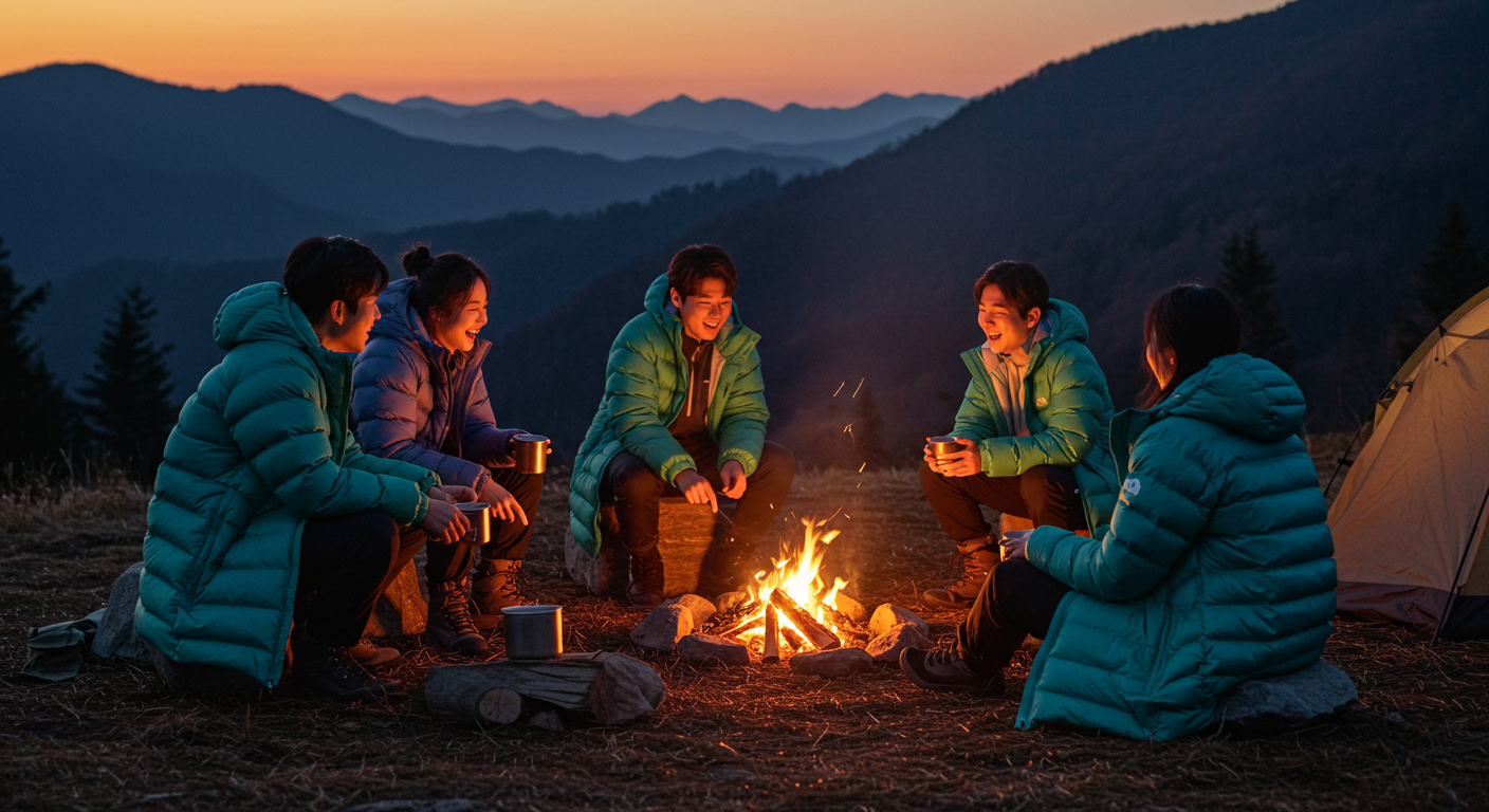 산속에서 롱다운을 입고 캠핑을 즐기는 친구들