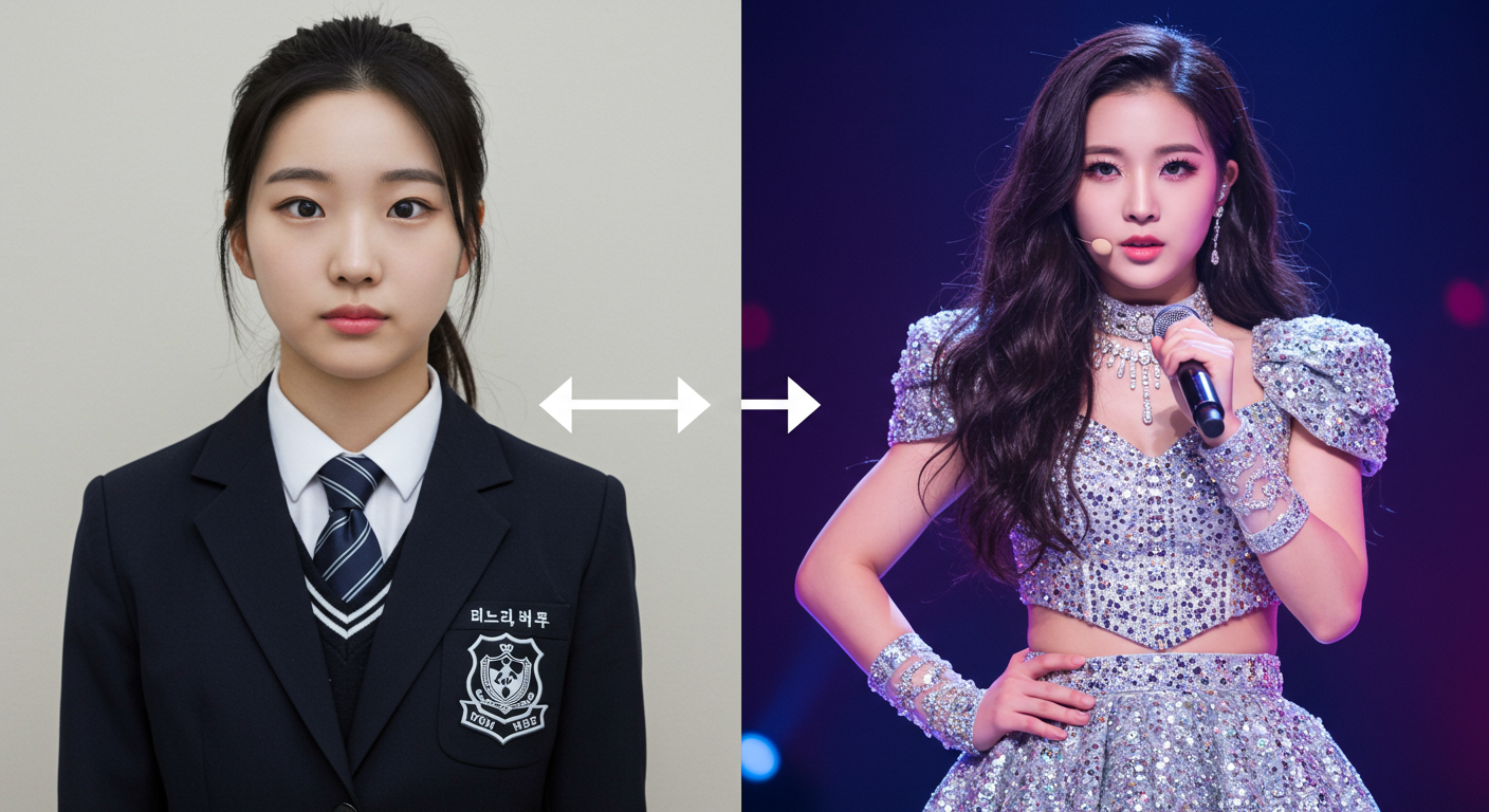 어린 시절 교복을 입고 있는 소녀와 현재 아이돌 이미지가 시간 순으로 배치된 장면