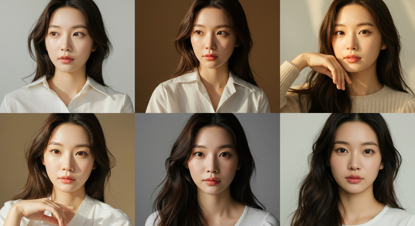 다양한 조명 아래에서도 일관된 이목구비를 보여주는 여성의 모습 콜라주