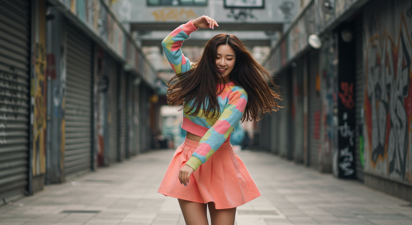 젊은 여성이 도심 속에서 에너제틱하게 춤을 추는 모습