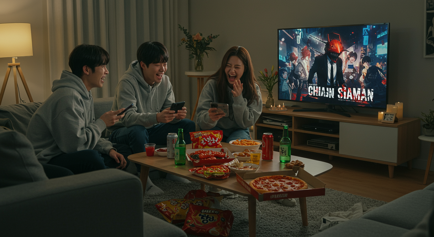 현대적인 거실에서 체인소맨을 TV와 모바일 기기로 스트리밍하는 젊은이들 모습