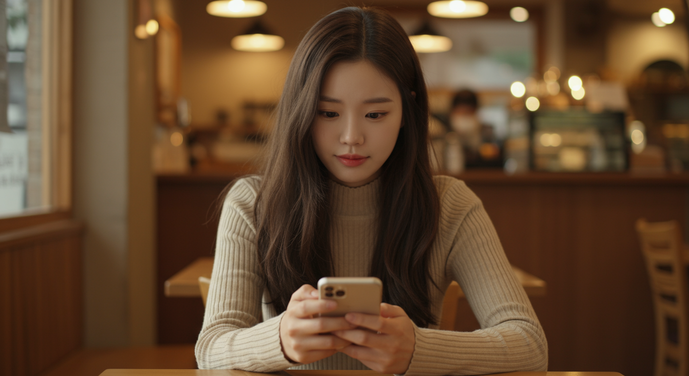 카페 테이블에서 스마트폰으로 감정을 SNS에 표현하는 한국 여성
