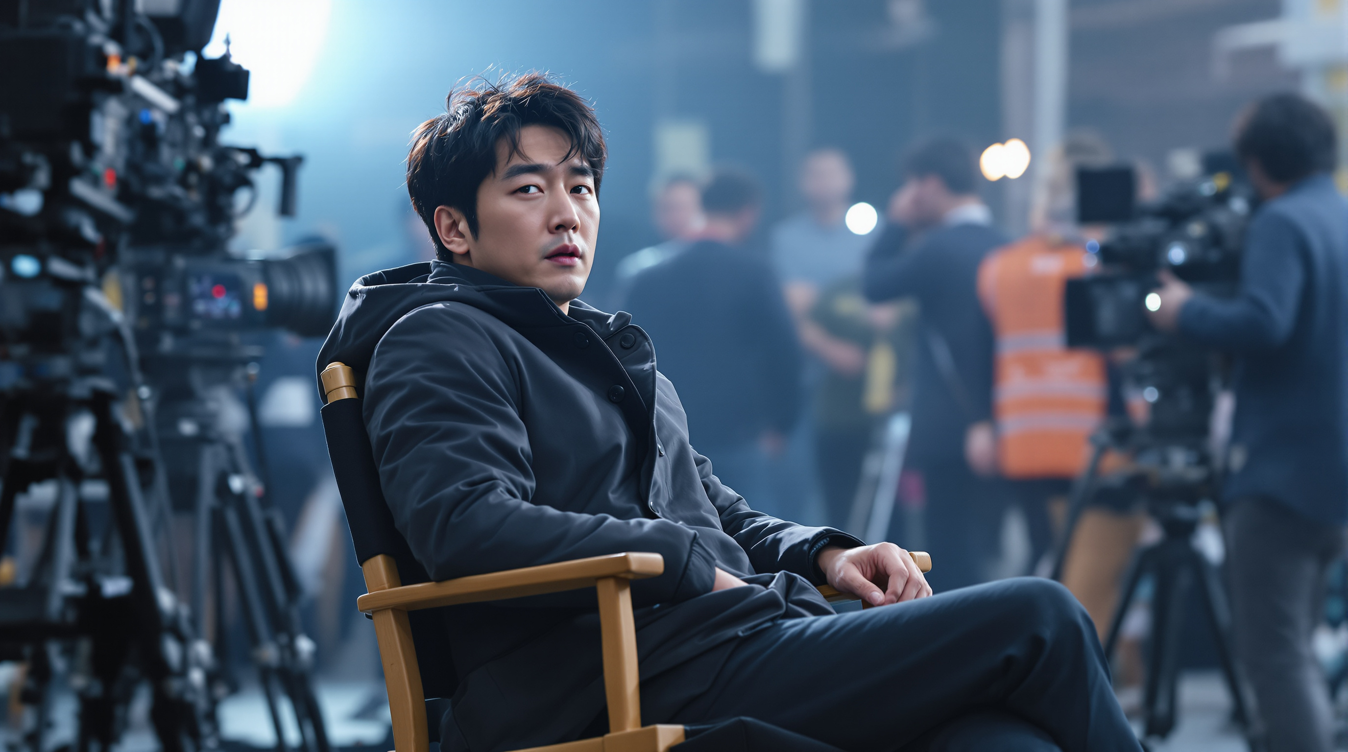 영화 세트장에서 감독 의자에 앉아 진지한 표정을 짓고 있는 이상윤의 모습