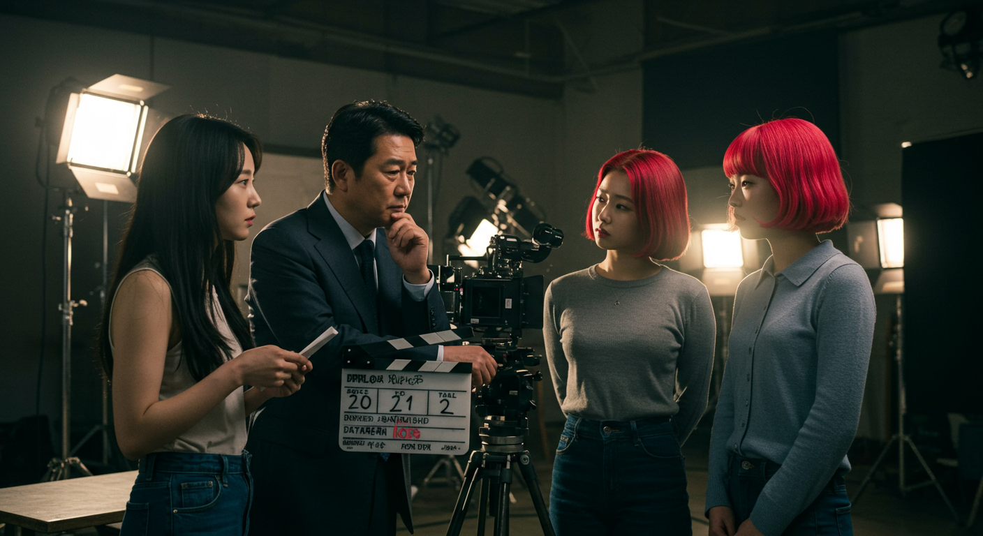 촬영장에서 두 여배우를 분석하며 통찰력과 전문성을 보여주는 한국인 영화감독 캐릭터