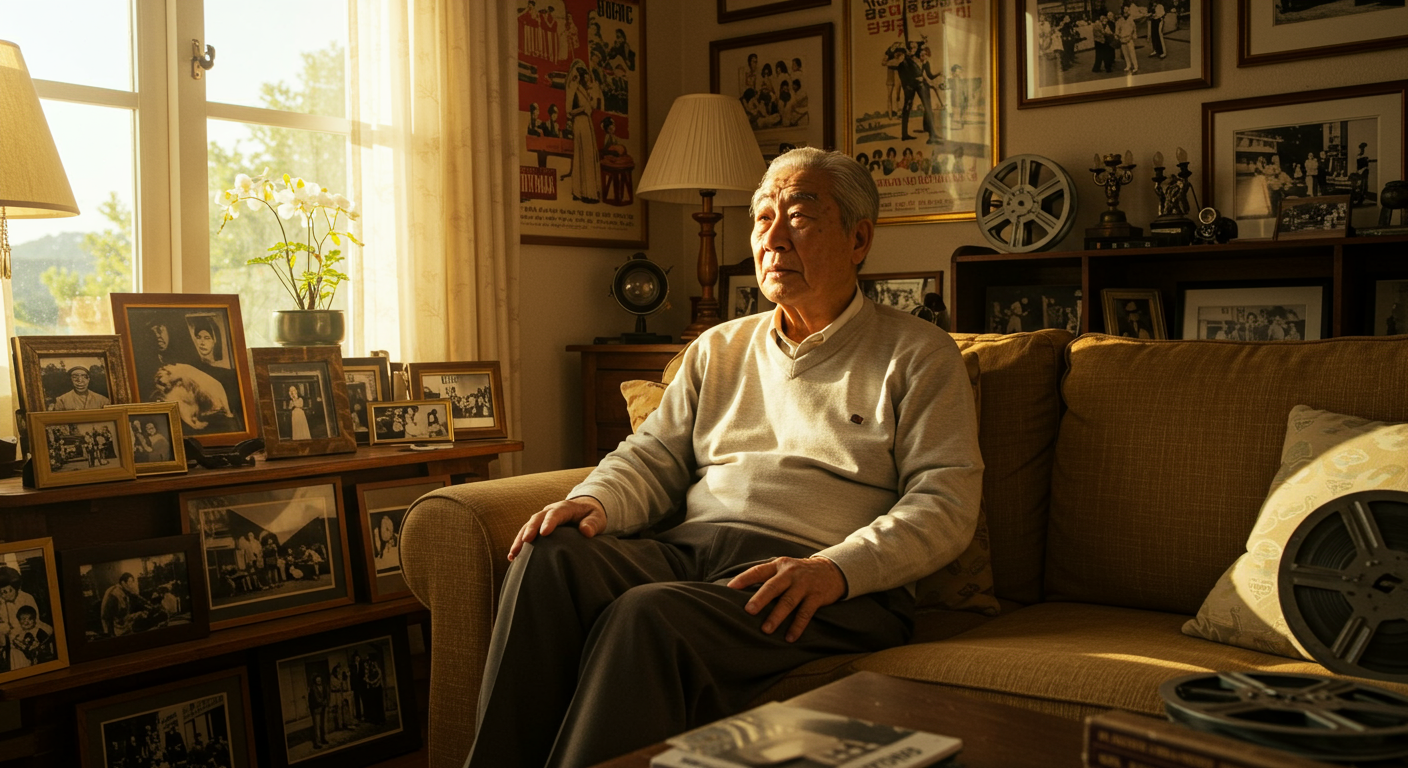 나이든 배우가 영화 관련 물품에 둘러싸여 거실에서 생각에 잠긴 모습