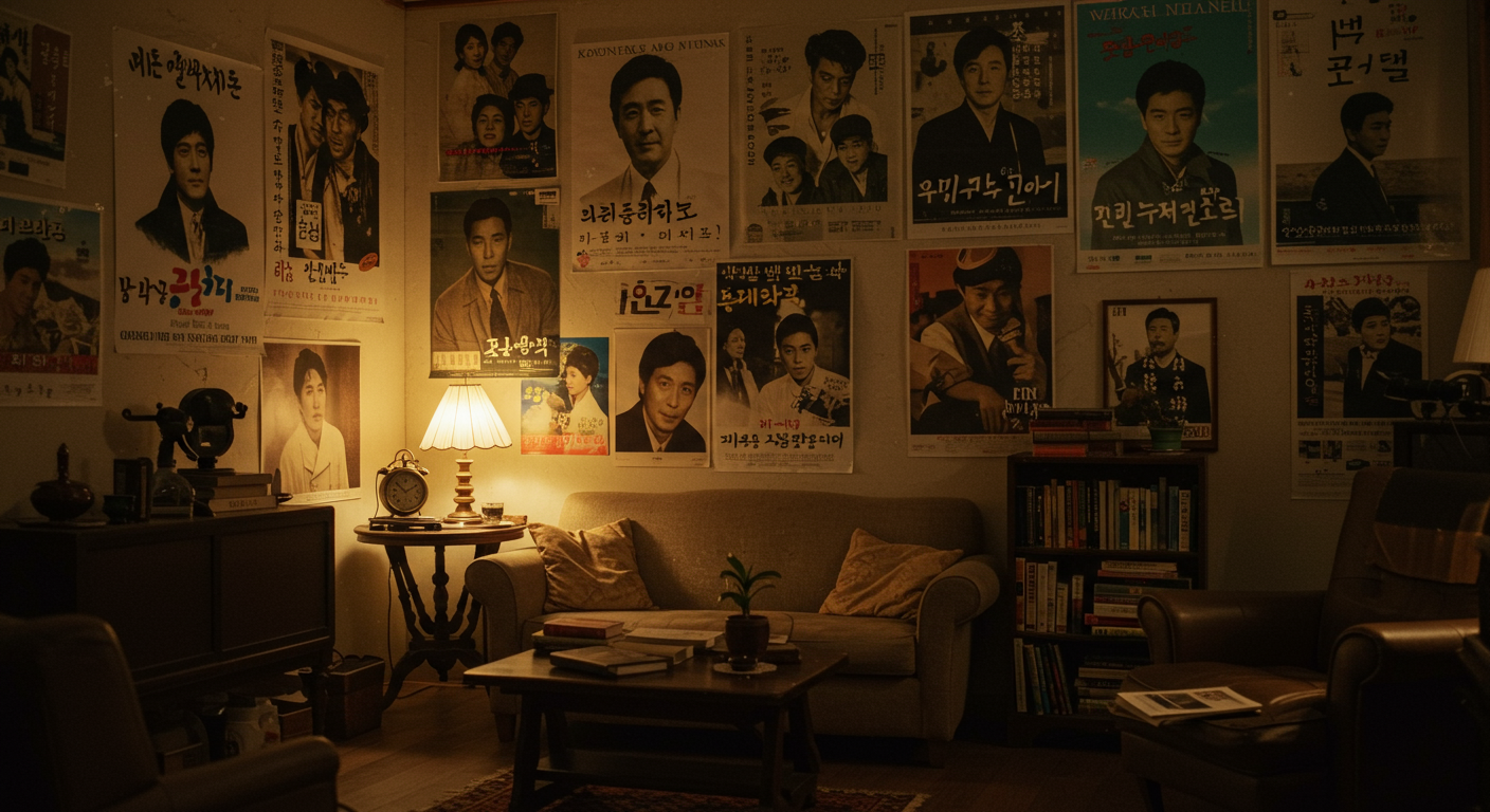 배우의 경력을 보여주는 빈티지 영화 포스터가 걸린 아늑한 방