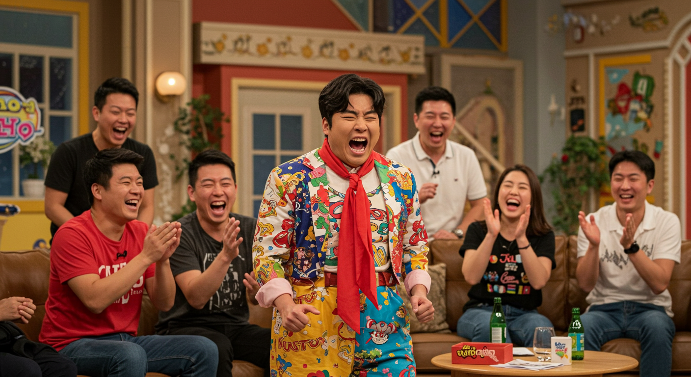 시트콤 세트장에서 코믹 연기를 하는 배우와 웃음 가득한 현장