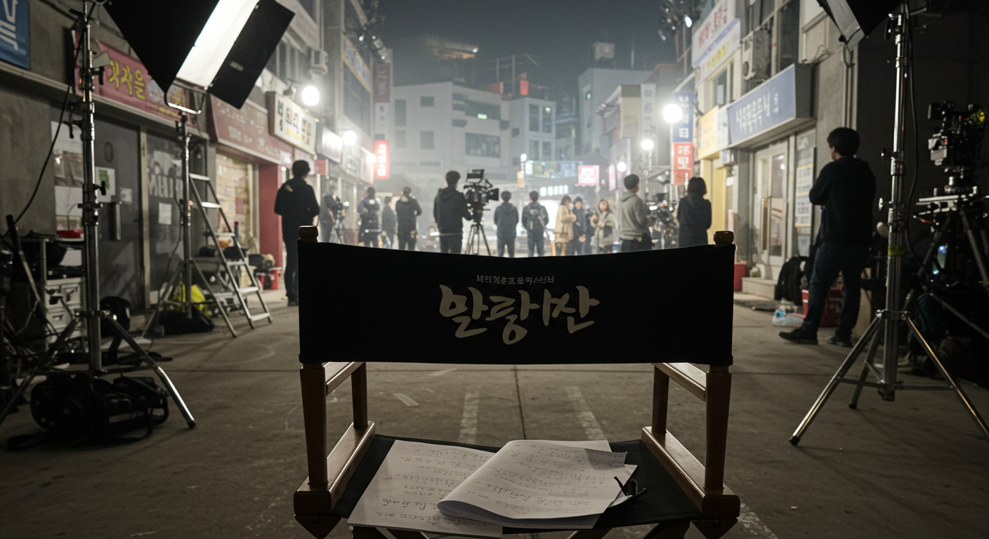 영화 세트장에서 감독 의자와 대본이 놓여 있는 모습, 활동 중단을 암시