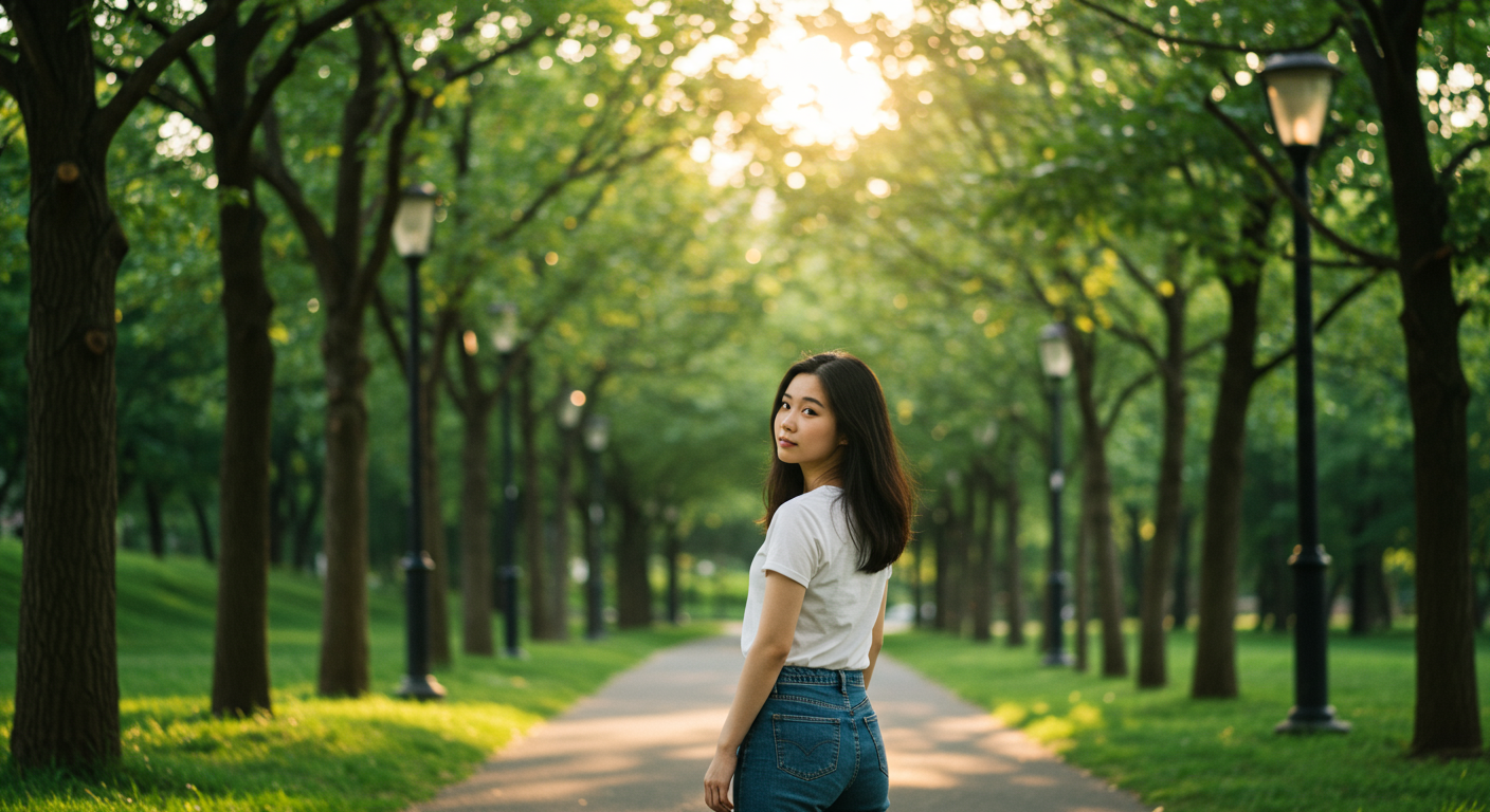공원에서 평온하게 산책하는 여성이 태양빛을 받으며 사색에 잠긴 모습