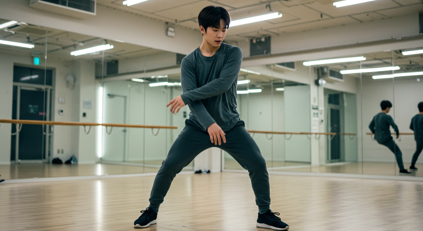 연습실 거울 앞에서 춤 연습에 몰두하는 젊은 여성의 모습