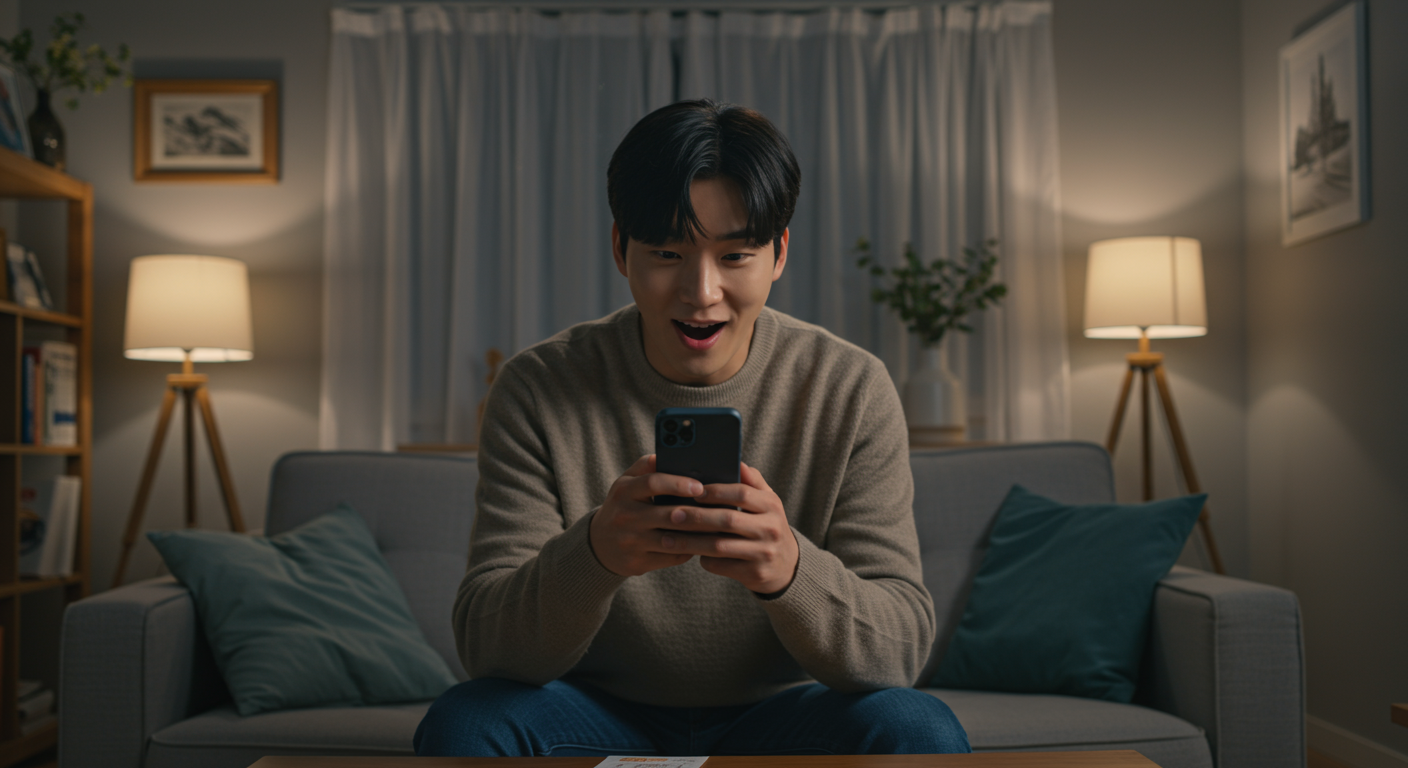 한국 남성이 스마트폰으로 로또 용지를 스캔하며 기대에 찬 표정을 짓고 있는 모습