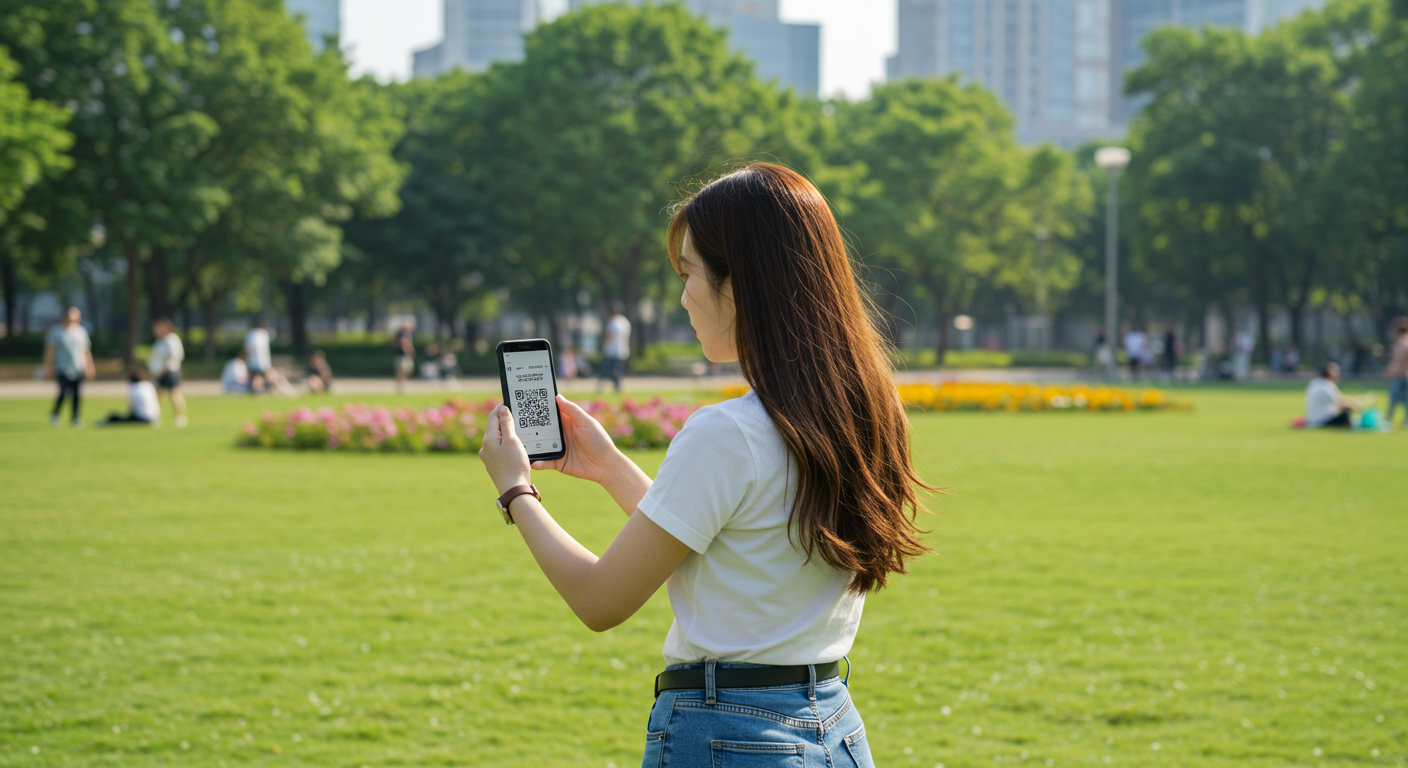 밝은 공원에서 스마트폰 카메라로 로또 용지의 QR코드를 스캔하는 한국 여성