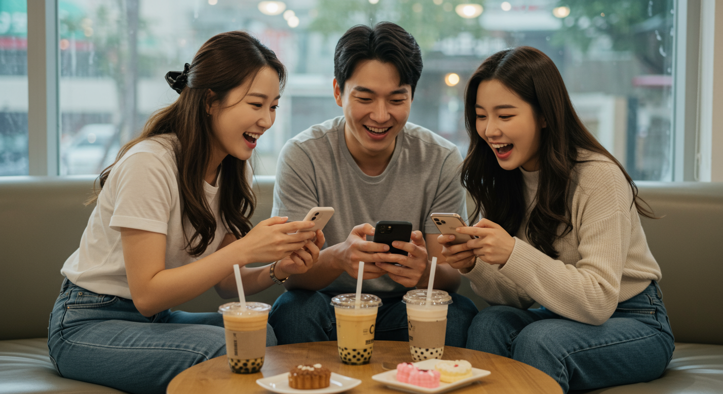 카페에서 친구들과 함께 메신저 앱으로 로또 결과를 확인하는 모습