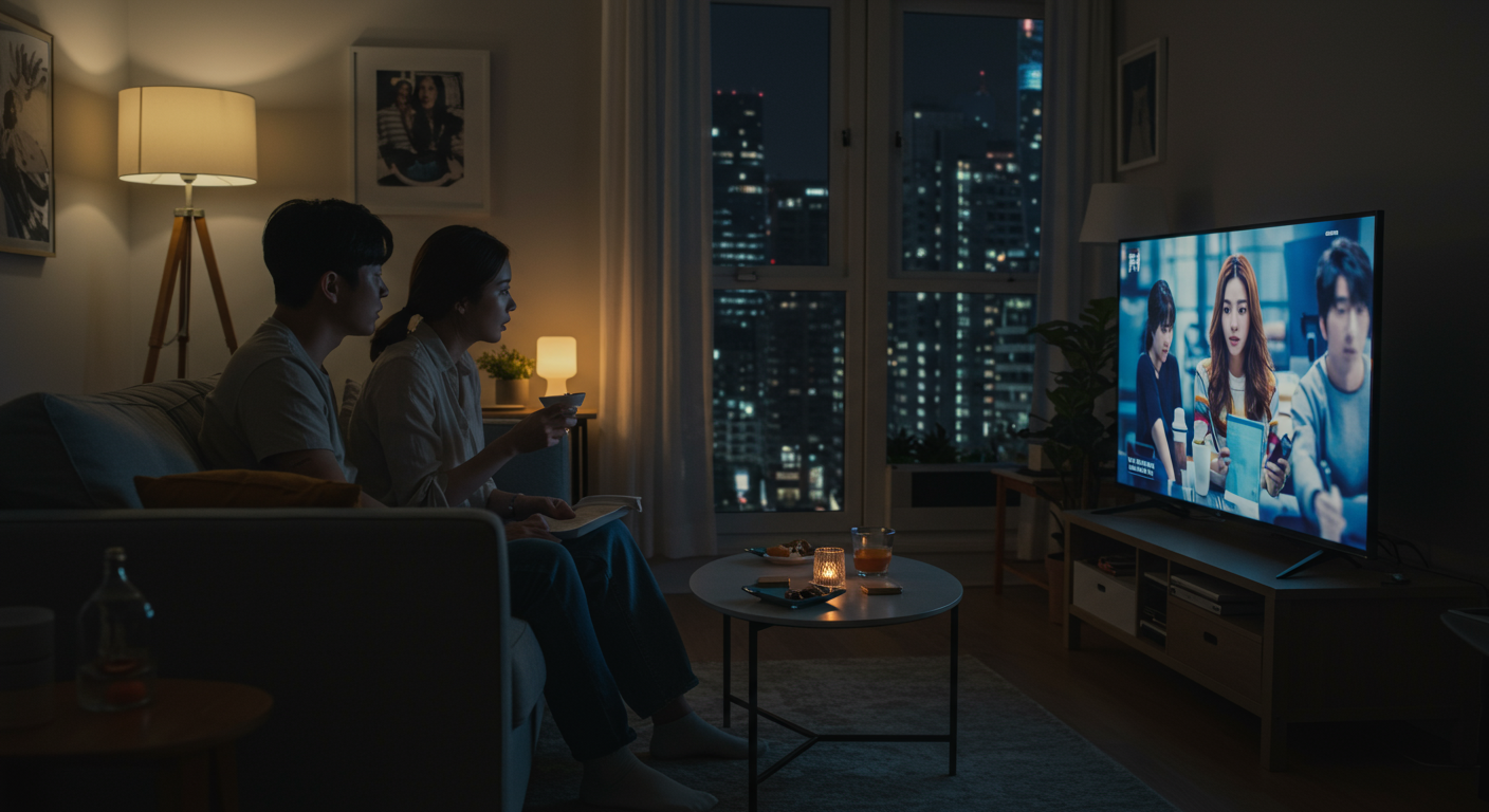 세련된 아파트에서 TV로 리얼리티 프로그램을 시청하는 현대적인 커플