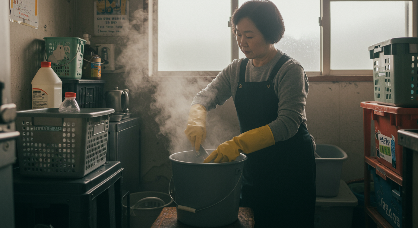 고무장갑을 끼고 과탄산소다와 발을씻자를 뜨거운 물에 섞는 여성의 모습