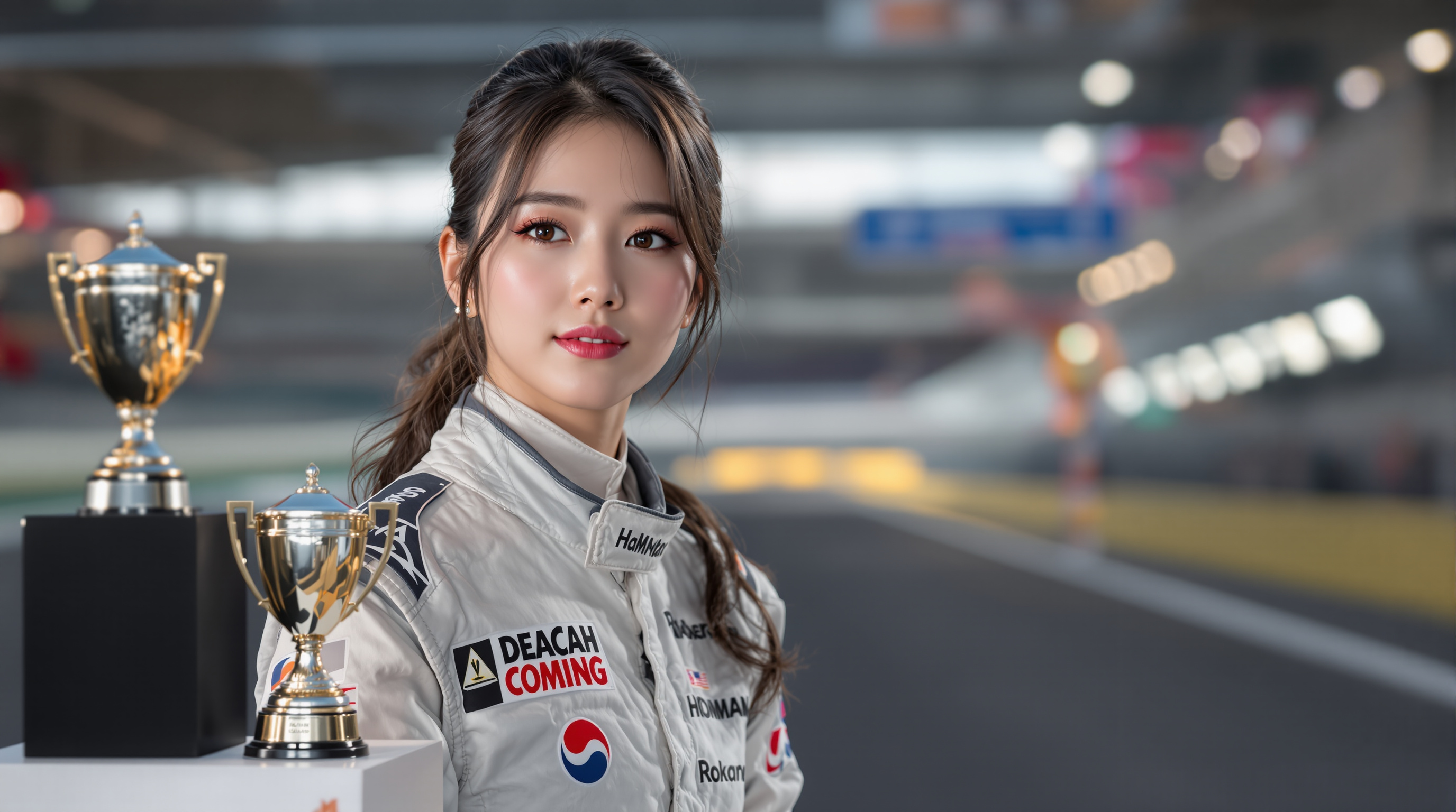 트로피와 함께 서 있는 레이싱 모델 민한나의 당당한 모습