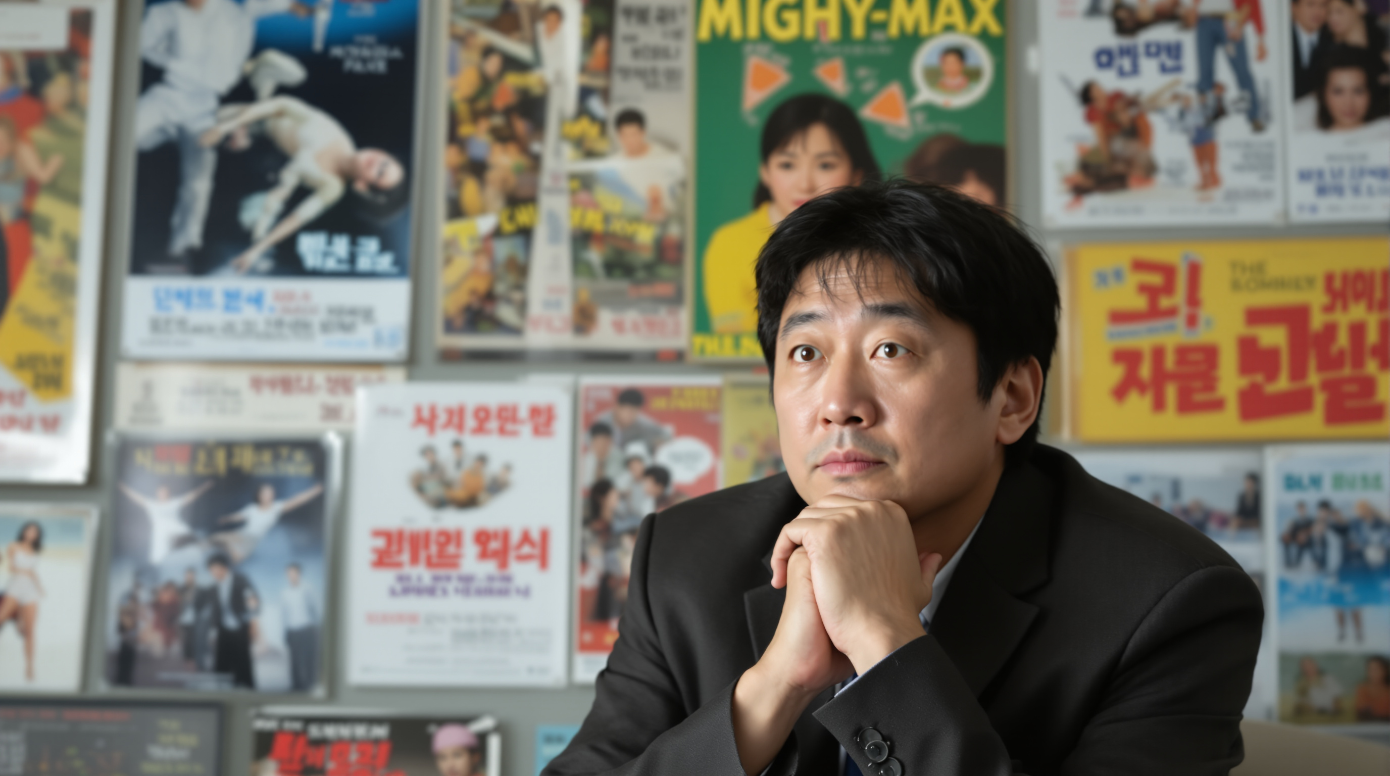 1960년대 영화 포스터에 둘러싸인 한국 영화 평론가가 신영균의 복잡한 캐릭터에 대해 고민하는 모습
