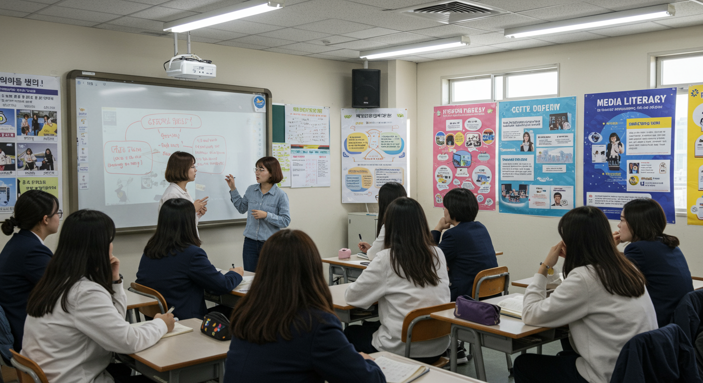 미디어 리터러시에 대한 포스터가 벽에 붙어 있는 교실에서 한국 학생들이 수업을 듣는 장면