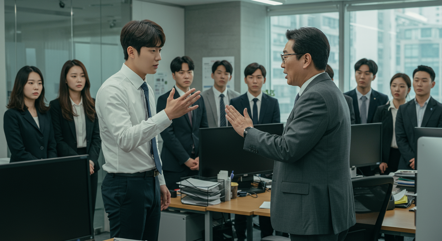 논란의 손동작 사진으로 인해 해고되는 한국 회사원의 모습, 동료들이 지켜보는 장면