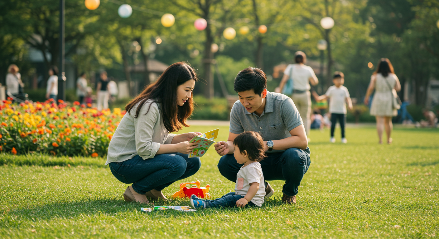 공원에서 아기의 떼쓰기에 침착하게 대처하는 한국 부모