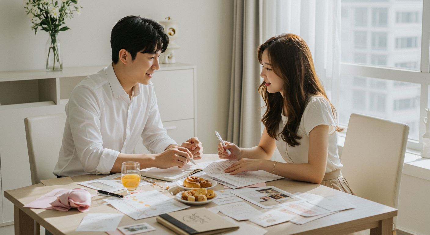 젊은 커플이 결혼 서류와 노트북을 놓고 결혼식을 준비하는 모습