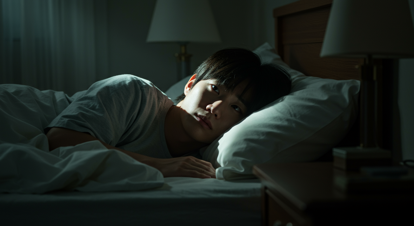 불안한 표정으로 침대에 누워 있는 사람이 이빨 빠지는 꿈에 대해 고민하는 모습