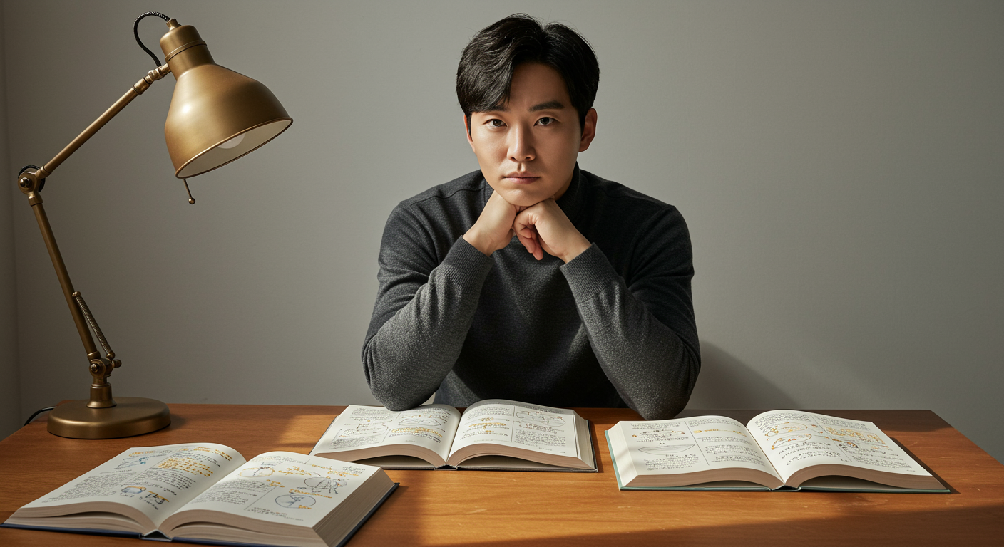 책상에 앉아 심리학 서적을 펼쳐놓고 융의 꿈 해석에 대해 고민하는 사람