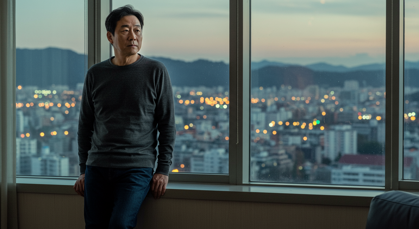 창문 앞에서 인생 변화와 나이에 대한 고민을 하고 있는 중년 사람