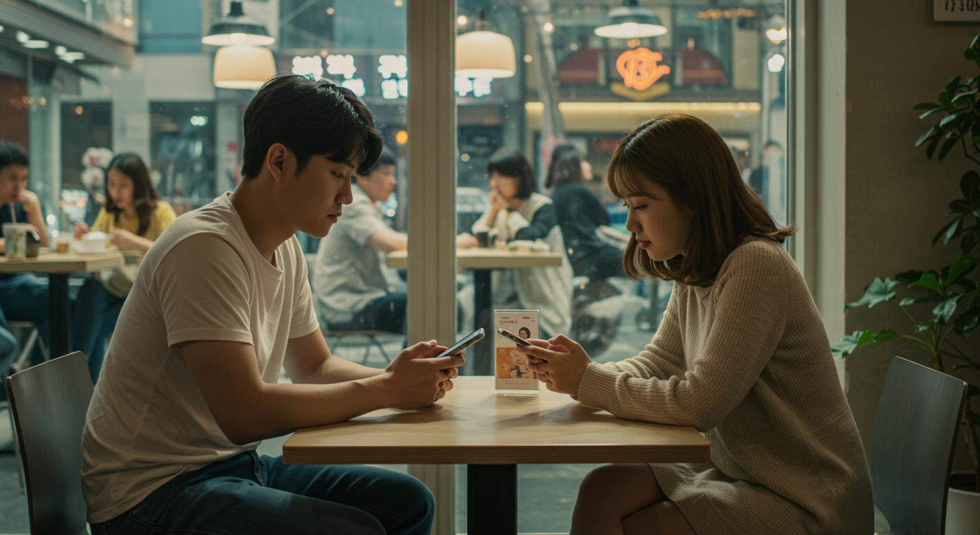 서울 카페에서 데이팅 앱을 사용하는 젊은 커플의 모습