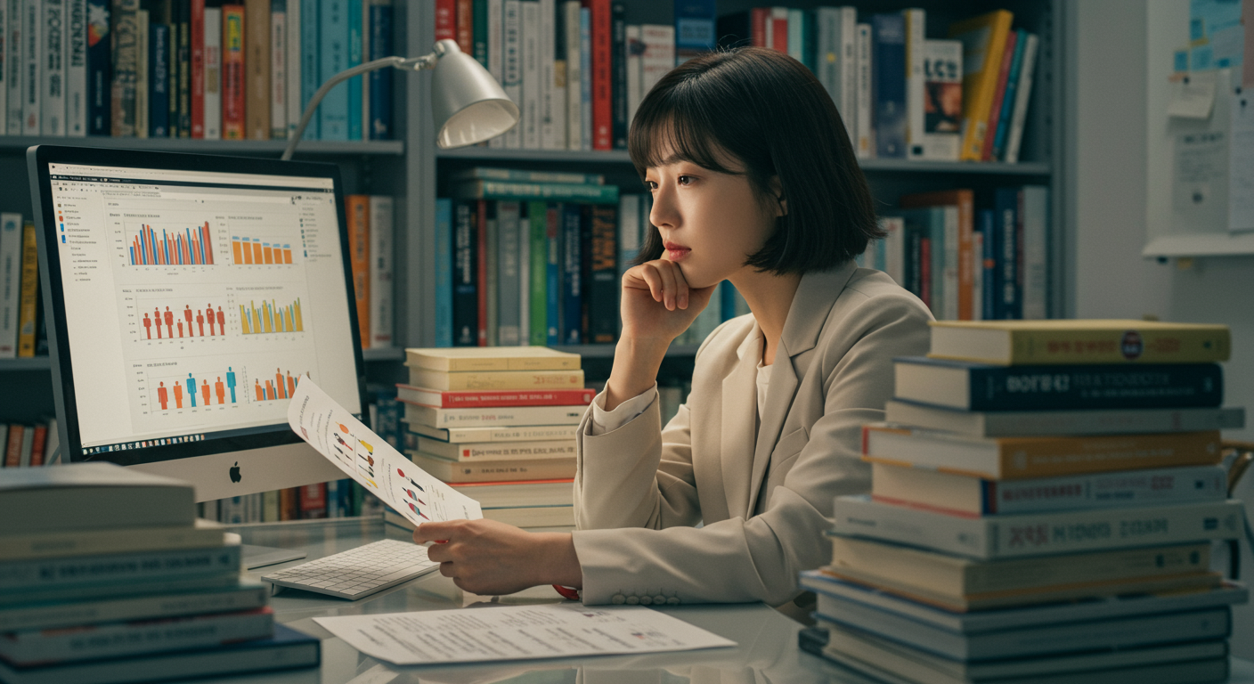 데이터 분석에 집중하는 심리학자의 연구실 모습