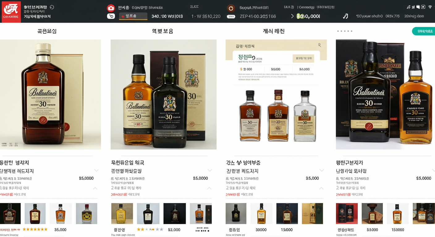 발렌타인 30년산 빈병의 다양한 온라인 중고 거래 목록과 가격대가 표시된 화면