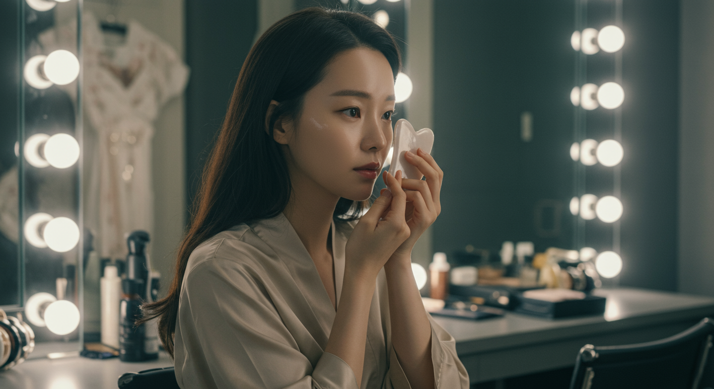 현대적인 드레싱룸에서 도자기 괄사로 뷰티 루틴을 선보이는 여배우