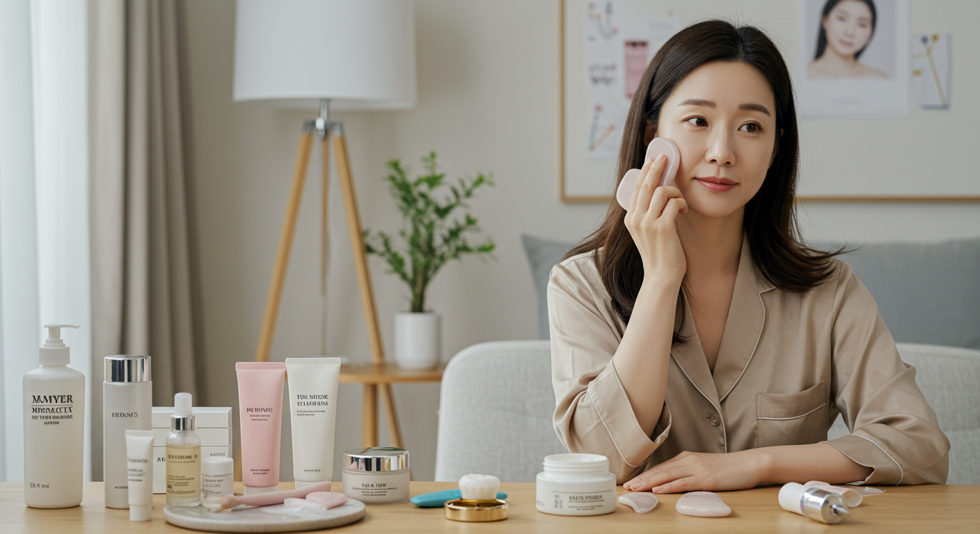아침과 저녁에 집에서 간단히 괄사를 사용하는 바쁜 전문직 여성