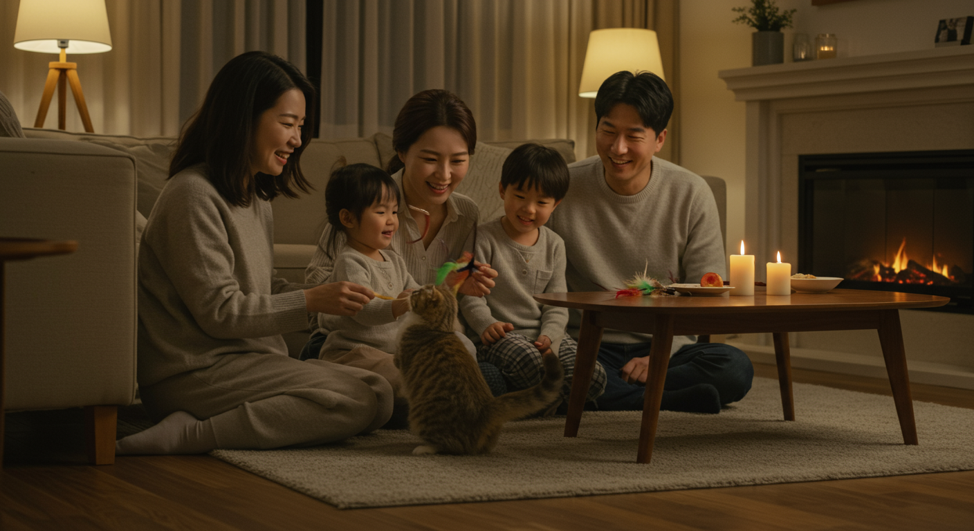 먼치킨 고양이가 한국 가정에서 가족들과 친근하게 교감하는 모습