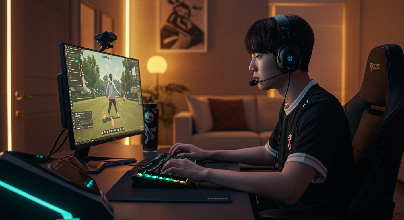 한국 게이머가 하이테크 게이밍 책상에서 집중하며 롤토체스를 플레이하는 모습