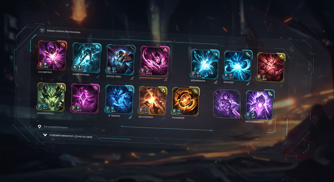 다양한 챔피언 증강체 아이콘이 있는 가상 게임 인터페이스